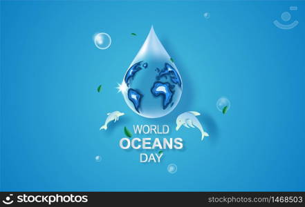 Drop of water concept of World Oceans Day. Celebration dedicated to help protect sea earth and conserve water ecosystem. Blue origami craft paper of sea waves.Underwater poster background vector.