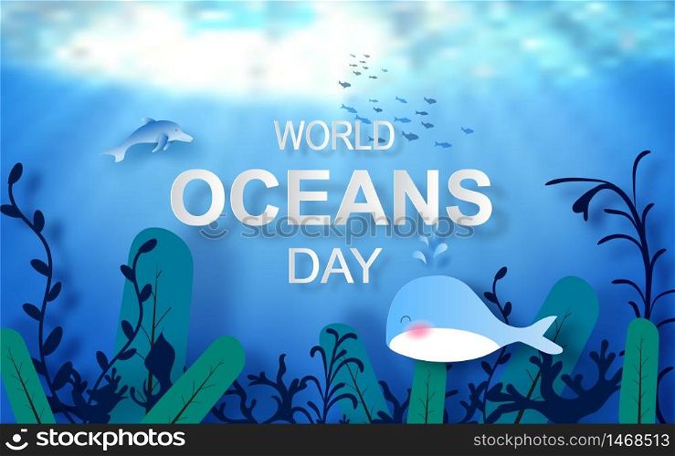 Drop of water concept of World Oceans Day. Celebration dedicated to help protect sea earth and conserve water ecosystem. Blue origami craft paper of sea waves.Underwater frame poster background
