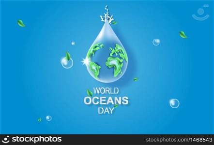 Drop of water concept of World Oceans Day. Celebration dedicated to help protect sea earth and conserve water ecosystem. Blue origami craft paper of sea waves.Underwater poster background vector.