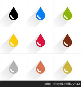 Drop set petroleum, water, eco, oil, blood, chocolate, silver, copper, gold in simple flat style. Black, blue, green, yellow crimson brown gray colors shapes with shadow on white background. Color drop icon in flat style