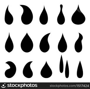 Drop water icon. Black droplet. Symbol of oil, rain, liquid. Shape of tear. Simple graphic element of aqua, blood, milk. Logo of raindrop isolated on white background. Design for nature fluid. Vector.. Drop water icon. Black droplet. Symbol of oil, rain, liquid. Shape of tear. Simple graphic element of aqua, blood, milk. Logo of raindrop isolated on white background. Design for nature fluid. Vector