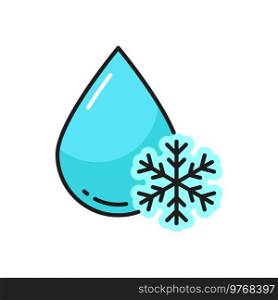 Drop with blue snowflake isolated outline icon. Vector freezing water, no frost sign, fridge or refrigerator symbol. Flake and aqua, winter weather forecast. Defrosting and pure refreshing drinks sign. Blue aqua drop and snow snowflake outline icon