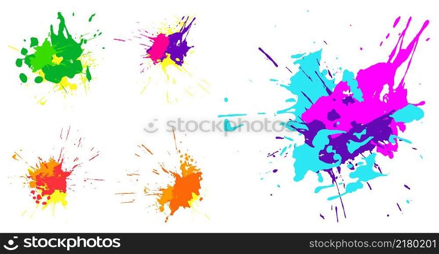Droped colored blots and dots of paint splatter. Set of paint drops, brush strokes for decoration. Isolated vector on white background
