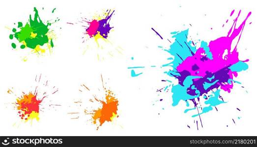 Droped colored blots and dots of paint splatter. Set of paint drops, brush strokes for decoration. Isolated vector on white background