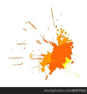 Droped colored blots and dots of paint splatter. Bright yellow orange watercolor and acrylic splashes on white paper. Paint drops, brush strokes for decoration. Isolated vector on white