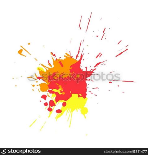 Droped colored blots and dots of paint splatter. Red yellow orange watercolor and acrylic splashes on white paper. Paint drops, brush strokes for decoration. Isolated vector on white