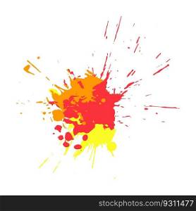 Droped colored blots and dots of paint splatter. Red yellow orange watercolor and acrylic splashes on white paper. Paint drops, brush strokes for decoration. Isolated vector on white