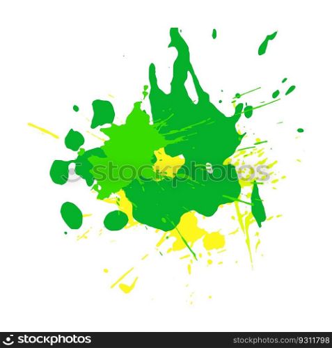 Droped colored blots and dots of paint splatter. Bright juicy green watercolor and acrylic splashes on white paper. Paint drops, brush strokes for decoration. Isolated vector on white background