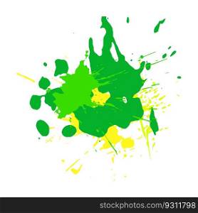 Droped colored blots and dots of paint splatter. Bright juicy green watercolor and acrylic splashes on white paper. Paint drops, brush strokes for decoration. Isolated vector on white background