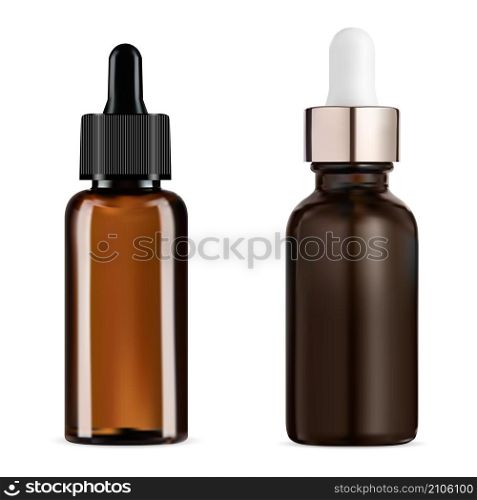 Dropper bottle. Amber glass cosmetic serum bottle, vector isolated on white. Essential oil gold eyedropper vial, collagen treatment product. Natural essence pipet flask design. Dropper bottle. Amber glass cosmetic serum bottle