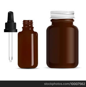 Dropper bottle brown glass. Amber eyedropper, pill jar vector mockup. Medical serum vial, black cap, realistic 3d. Isolated pharmacy flask with pipette. Essential oil drop, clear vitamin jar. Dropper bottle brown glass. Amber eyedropper, jar