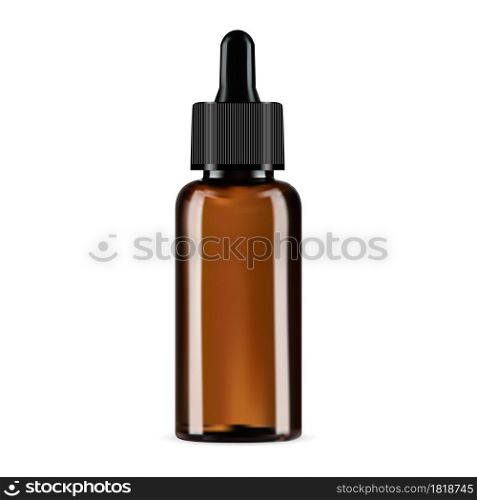 Dropper bottle, brown glass cosmetic eyedropper mockup. Amber glass serum, essential oil or medicine tincture pipette packaging. Medical elixir container, nasal aromatherapy, collagen flacon. Dropper bottle, brown glass cosmetic eyedropper mockup