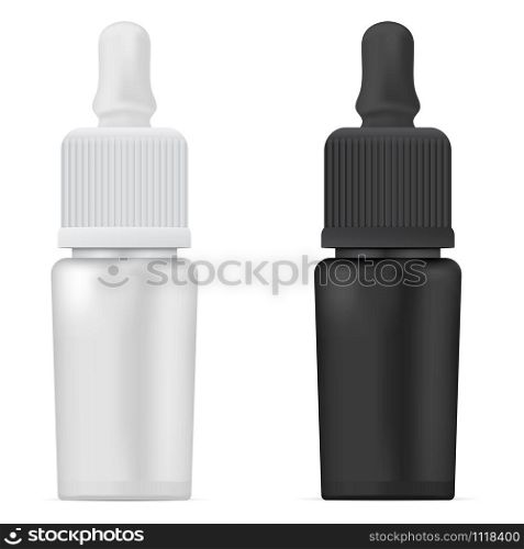 Dropper bottle. Cosmetic serum vial vector mockupBlack and white essential oil packaging with eyedropper. Luxury plastic collagen container set. Medical liquid treatment flask. Plastic blank. Dropper bottle. Cosmetic serum vial vector mockup