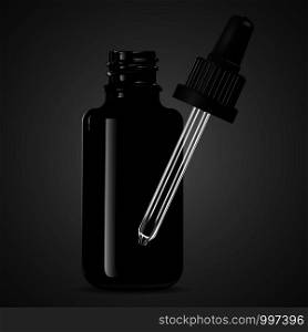 Dropper bottle for medical products, vape e liquid, oil, serum and essence. Black glass cosmetic bottle mockup. High quality eps10 vector illustration.. Dropper bottle for medical products, serum essence