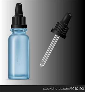Dropper Bottle Mockup. Blue Glass Bottle for Aging Serum, black Lid. Medical Vial with Eyedropper Isolated. Drop Pipette Essential Aroma Oil Flacon Packaging. Skin Care Treatment Flask