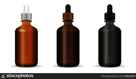 Dropper bottles set for cosmetics or medicine needs. Realistic transparent vector illustration. Isolated.. Dropper bottles set for cosmetics or medicine need