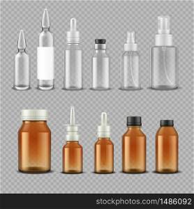 Dropper glass bottle. Realistic medical containers for pills capsules eye drops aromatic oil. Vector isolated plastic and glass bottles with screw lids on transparent background. Dropper glass bottle. Realistic medical containers for pills capsules eye drops aromatic oil. Vector plastic and glass bottles with screw lids