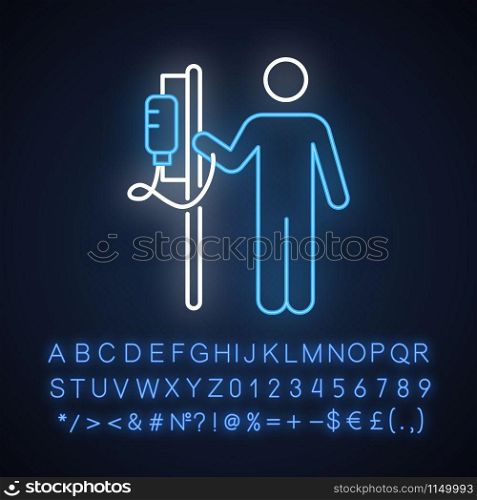 Dropper neon light icon. Medical procedure. Healthcare. Hospitalization. Infusion. Postsurgical recovery. Glowing sign with alphabet, numbers and symbols. Vector isolated illustration