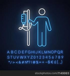 Dropper neon light icon. Medical procedure. Healthcare. Hospitalization. Infusion. Postsurgical recovery. Glowing sign with alphabet, numbers and symbols. Vector isolated illustration