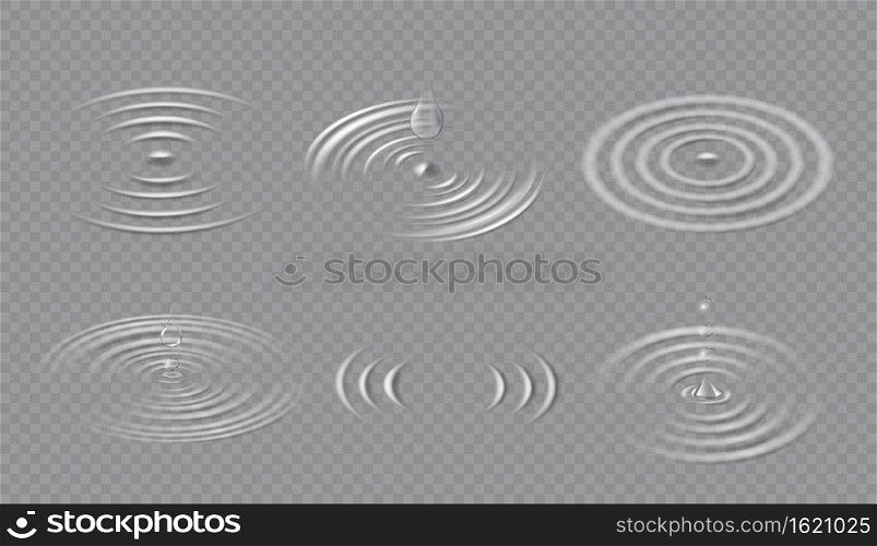Drops and ripples. Circular wave on water surface. Falling dripping droplet and concentric circle splash in puddle. Liquid ripple vector set side view. Spiral movement of fluid isolated on transparent. Drops and ripples. Circular wave on water surface. Falling dripping droplet and concentric circle splash in puddle. Liquid ripple vector set