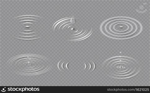 Drops and ripples. Circular wave on water surface. Falling dripping droplet and concentric circle splash in puddle. Liquid ripple vector set side view. Spiral movement of fluid isolated on transparent. Drops and ripples. Circular wave on water surface. Falling dripping droplet and concentric circle splash in puddle. Liquid ripple vector set
