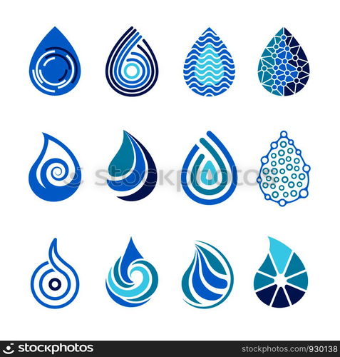 Drops icons. Water splashes abstract symbols for vector healthcare aqua h2o logo design. Illustration of aqua liquid water drop, droplet shape. Drops icons. Water splashes abstract symbols for vector healthcare aqua h2o logo design