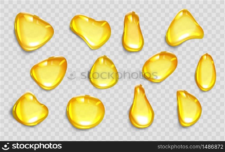 Drops of orange juice or oil, yellow liquid droplets of different shapes, honey blobs, golden colored syrup spots isolated on transparent background, realistic 3d vector illustration, icons set. Drops of orange juice or oil, yellow droplets