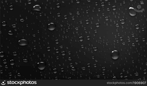 drops of water on black glass background. Rain droplets with light reflection on dark window surface. Realistic style. PNG drops, condensation on the window. Vector illustration.. drops of water.