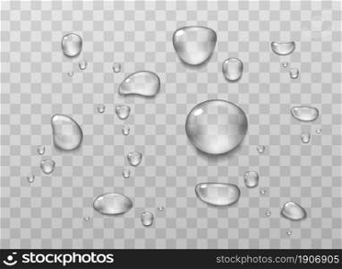 drops of water. Pure clear water drops. Isolated on transparent background. Realistic style. PNG drops, condensation on the window, on the surface. Vector illustration.. Big set of transparent drops of water.