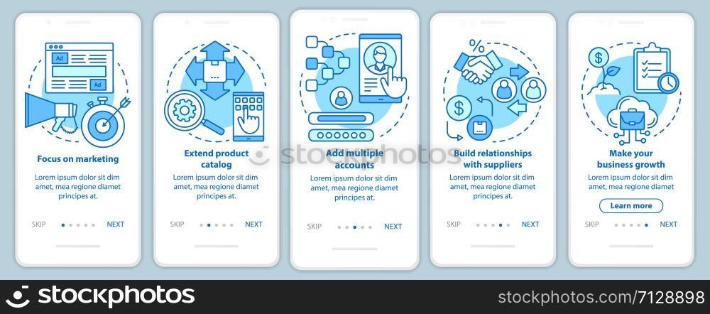 Dropshipping blue onboarding mobile app page screen with linear concepts. Focus on marketing, add multiple accounts walkthrough steps graphic instructions. UX, UI, GUI vector template with icons