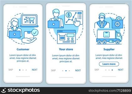 Dropshipping process blue onboarding mobile app page screen with linear concepts. Customer, your store, supplier walkthrough steps graphic instructions. UX, UI, GUI vector template with illustrations
