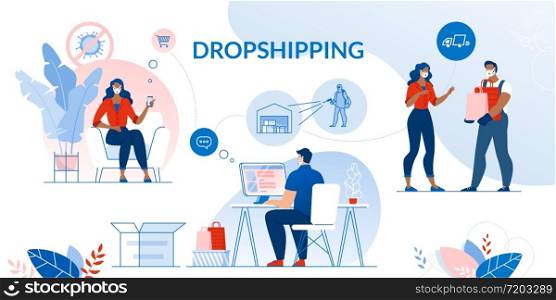 Dropshipping Set. Contactless Safety Conveyance in Coronavirus Covid19 Pandemic Condition. Healthcare Security Guarantee in Online Shopping, Express Delivery to Door in Quarantine. Parcel Disinfection. Dropshipping and Contactless Safety Delivery Set