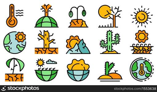 Drought icons set. Outline set of drought vector icons thin line color flat on white. Drought icons vector flat