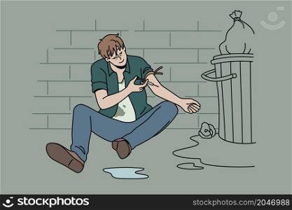 Drug addict and narcomaniac concept. Young man drug addict sitting on floor putting syringe with heroin into vein for pleasure vector illustration . Drug addict and narcomaniac concept.