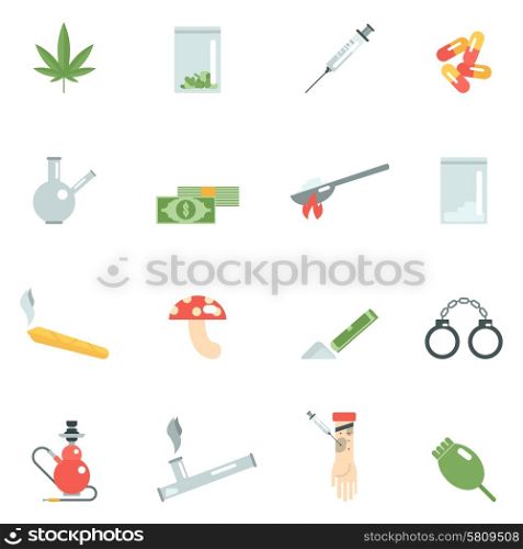 Drug addiction icons flat set with pills mushroom syringe isolated vector illustration. Drugs Icons Flat