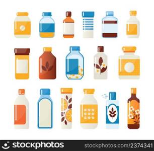 Drug bottles. Cartoon medicine or pharmacy containers with pills. Prescription medication. Vitamin capsules. Antiseptic liquid jars. Painkiller or antibiotic remedy. Vector medical tablet packages set. Drug bottles. Medicine or pharmacy containers with pills. Prescription medication. Vitamin capsules. Antiseptic liquid jars. Painkiller or antibiotic remedy. Vector tablet packages set