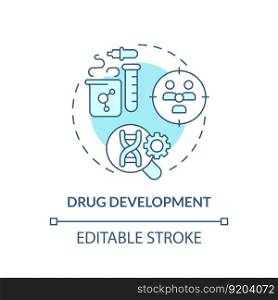 Drug development turquoise concept icon. Biomarkers associated with pharmacy respond. Application of precision medicine abstract idea thin line illustration. Isolated outline drawing. Editable stroke. Drug development turquoise concept icon