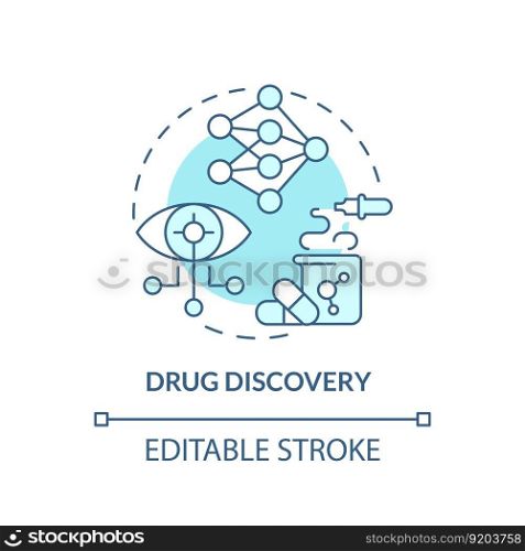 Drug discovery turquoise concept icon. Identify of targets for pharmacy development. AI and ML in precision medicine abstract idea thin line illustration. Isolated outline drawing. Editable stroke. Drug discovery turquoise concept icon