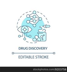Drug discovery turquoise concept icon. Identify of targets for pharmacy development. AI and ML in precision medicine abstract idea thin line illustration. Isolated outline drawing. Editable stroke. Drug discovery turquoise concept icon