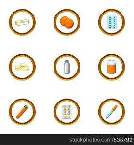 Drug form icons set. Cartoon style set of 9 drug form vector icons for web design. Drug form icons set, cartoon style