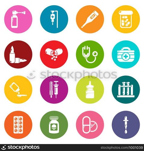 Drug medicine icons set vector colorful circles isolated on white background . Drug medicine icons set colorful circles vector
