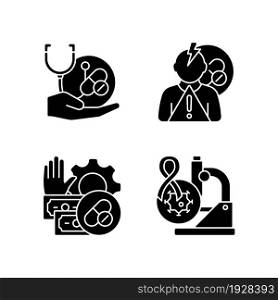 Drug-potency studies black glyph icons set on white space. Improving treatment. Side effects risk. Feasibility process. Cancer clinical trials. Silhouette symbols. Vector isolated illustration. Drug-potency studies black glyph icons set on white space