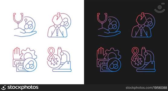 Drug-potency studies gradient icons set for dark and light mode. Improving treatment. Thin line contour symbols bundle. Isolated vector outline illustrations collection on black and white. Drug-potency studies gradient icons set for dark and light mode