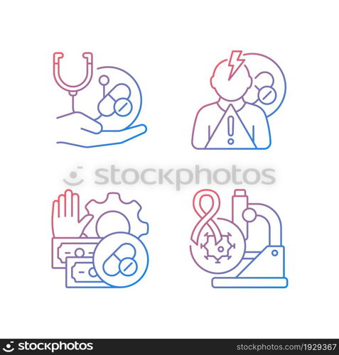 Drug-potency studies gradient linear vector icons set. Improving treatment. Side effects risk. Feasibility process. Thin line contour symbols bundle. Isolated outline illustrations collection. Drug-potency studies gradient linear vector icons set