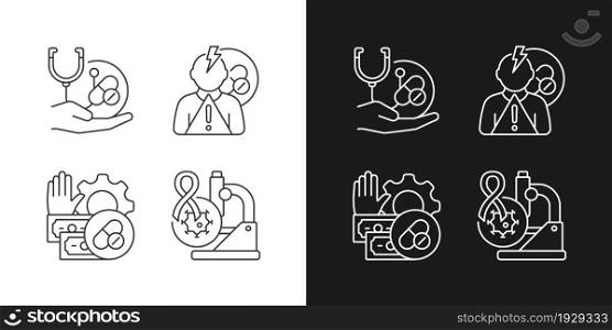 Drug-potency studies linear icons set for dark and light mode. Improving treatment. Side effects risk. Customizable thin line symbols. Isolated vector outline illustrations. Editable stroke. Drug-potency studies linear icons set for dark and light mode