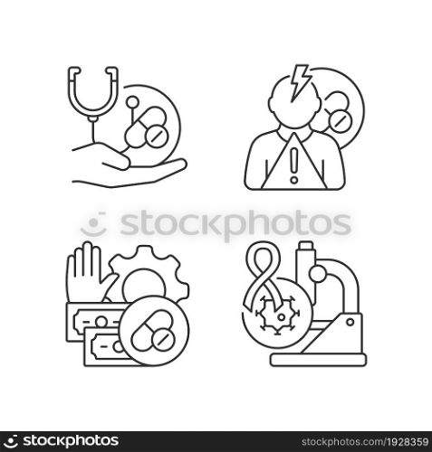 Drug-potency studies linear icons set. Improving treatment. Side effects risk. Feasibility process. Customizable thin line contour symbols. Isolated vector outline illustrations. Editable stroke. Drug-potency studies linear icons set