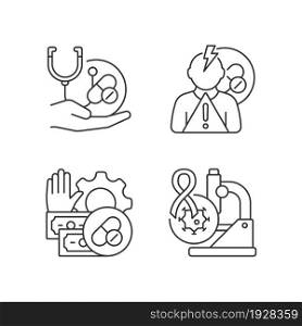 Drug-potency studies linear icons set. Improving treatment. Side effects risk. Feasibility process. Customizable thin line contour symbols. Isolated vector outline illustrations. Editable stroke. Drug-potency studies linear icons set