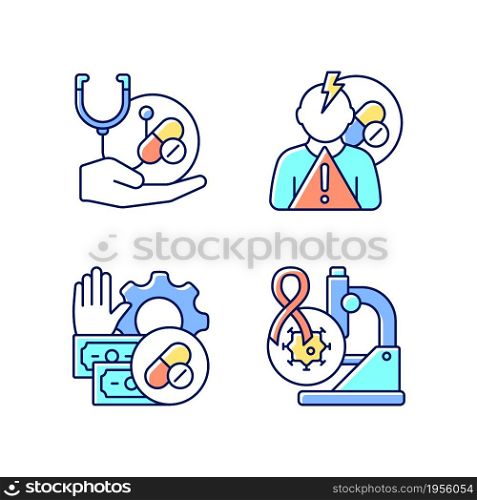 Drug-potency studies RGB color icons set. Improving treatment. Side effects risk. Feasibility process. Cancer clinical trials. Isolated vector illustrations. Simple filled line drawings collection. Drug-potency studies RGB color icons set