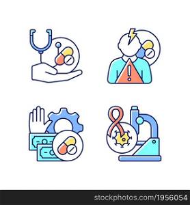 Drug-potency studies RGB color icons set. Improving treatment. Side effects risk. Feasibility process. Cancer clinical trials. Isolated vector illustrations. Simple filled line drawings collection. Drug-potency studies RGB color icons set