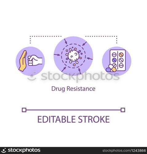 Drug resistance concept icon. Microorganism mutation. Autoimmune disease. Pharmacy treatment. Pathogen idea thin line illustration. Vector isolated outline RGB color drawing. Editable stroke